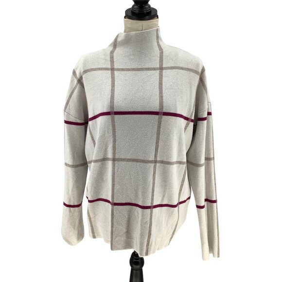 Tahari Sweaters - Tahari Womens XL Plaid Mock Neck Sweater Beige Burgundy Rayon Blend